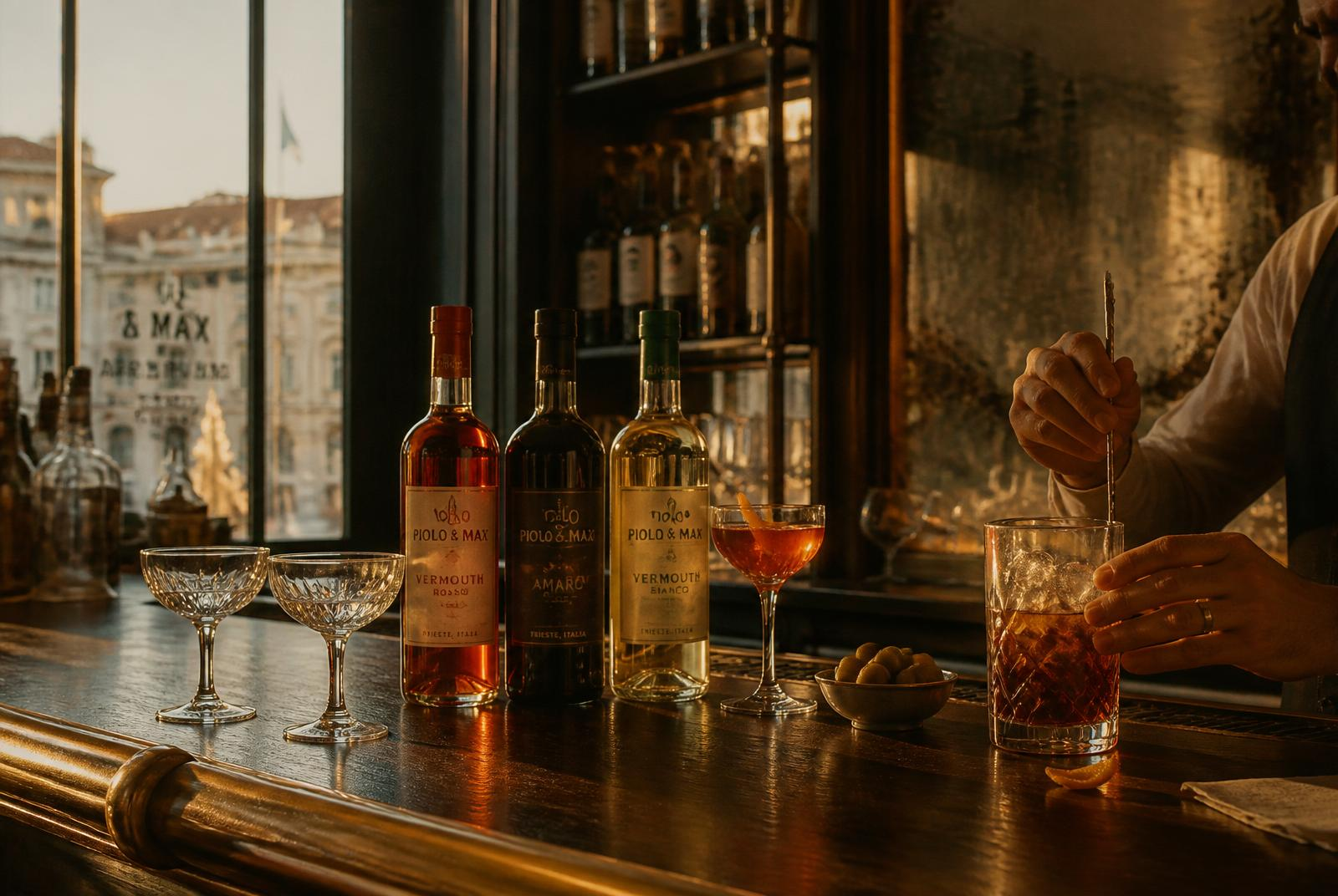 Piolo & Max-flaskor på en mörk bar med utsikt över Trieste i gyllene kvällsljus.