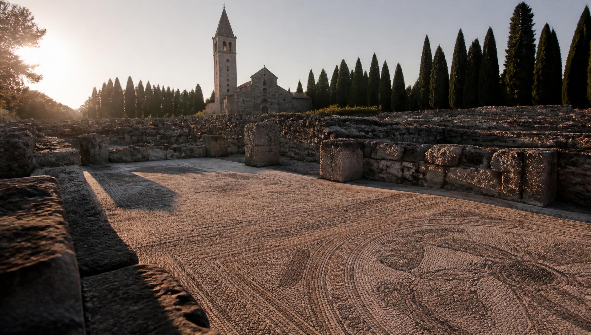 Romerska ruiner och mosaikgolv i Aquileia i lågt sidoljus