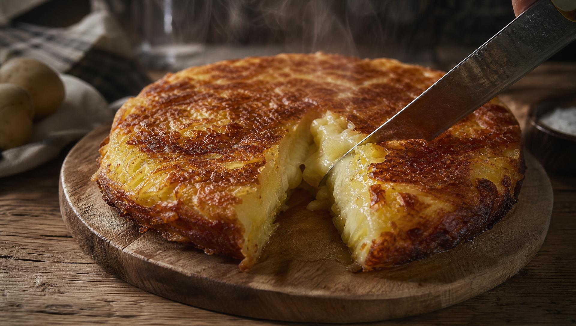 Närbild på gyllenbrun frico som skärs upp och avslöjar en mjuk ost- och potatiskärna