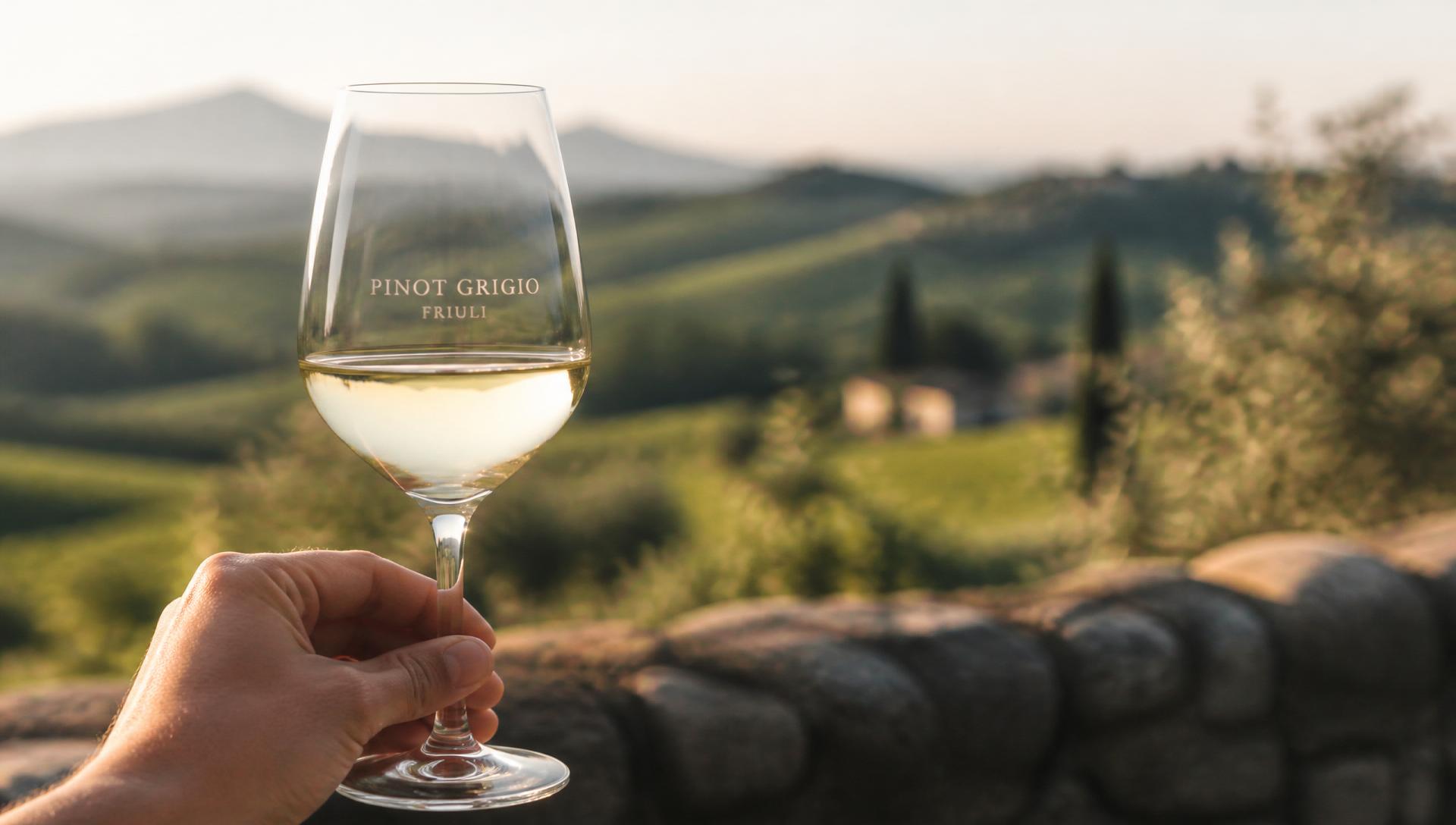 Glas Pinot Grigio hållet mot ett friulanskt landskap i eftermiddagsljus
