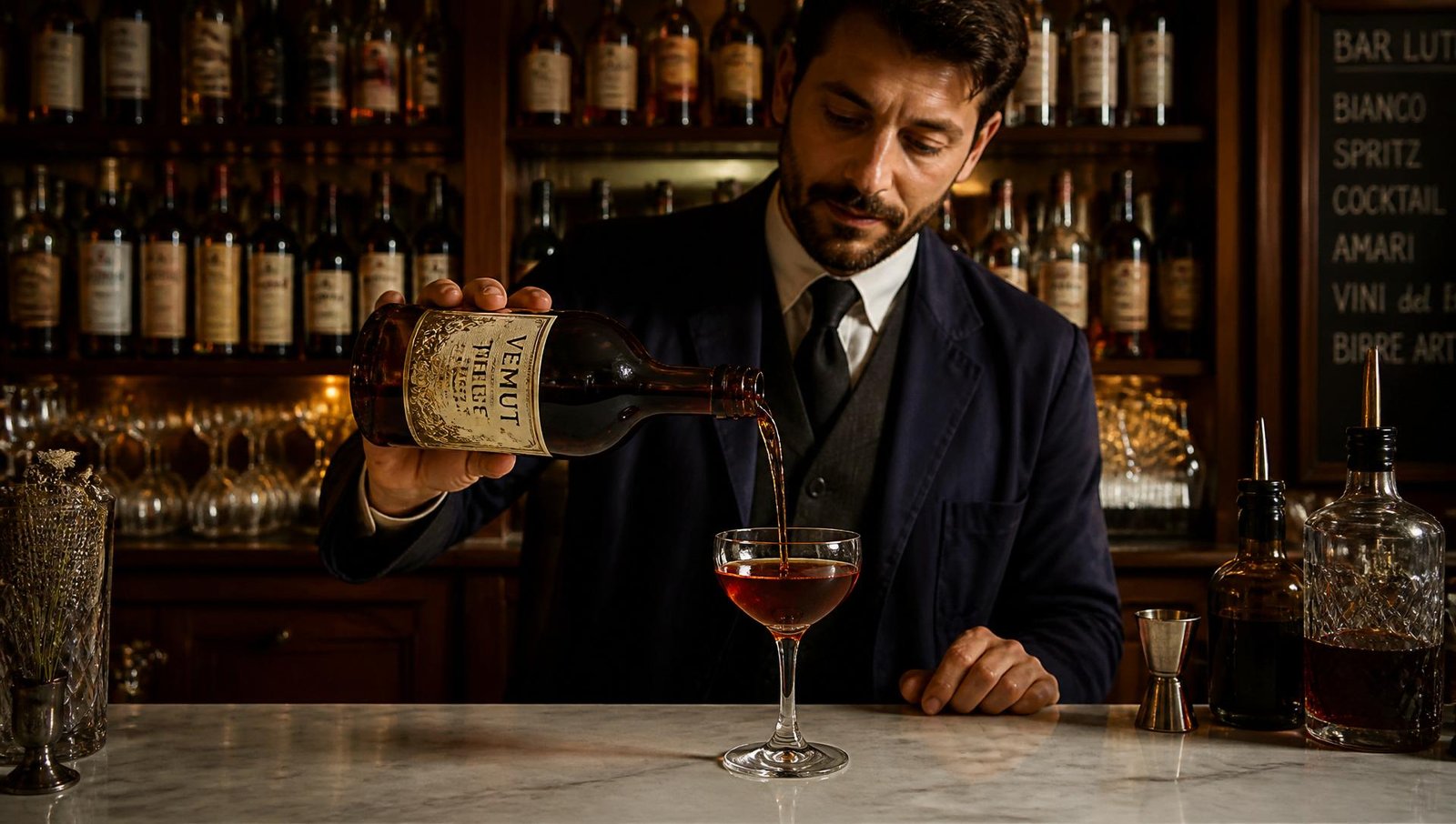 Bartender på ett kafé i Trieste häller upp vermouth.