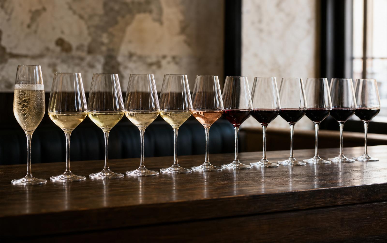 Provsmakningsrad med ett glas av varje Tenuta Pribus-vin – från Ribolla Gialla Brut och de vita vinerna via Rosé Augusta till Pinot Nero, Merlot, Cabernet, Refosco och Tazzelenghe.