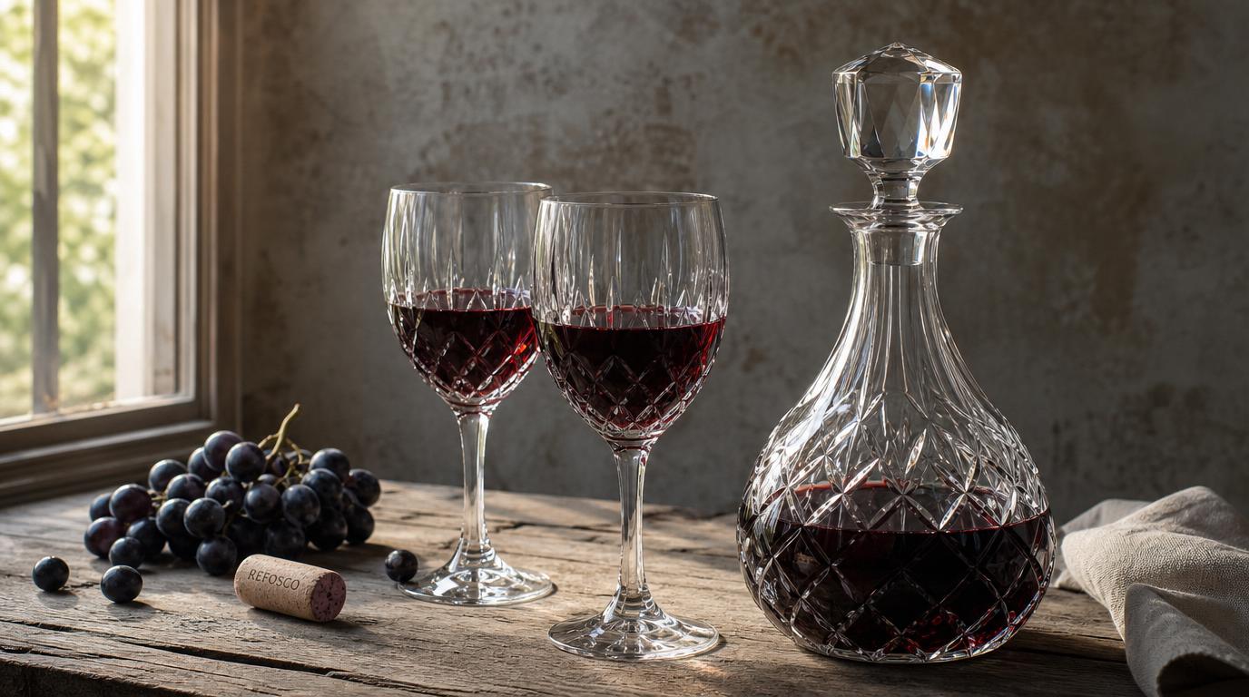 Karaff och glas med rött vin i kvällsljus vid stearinljus