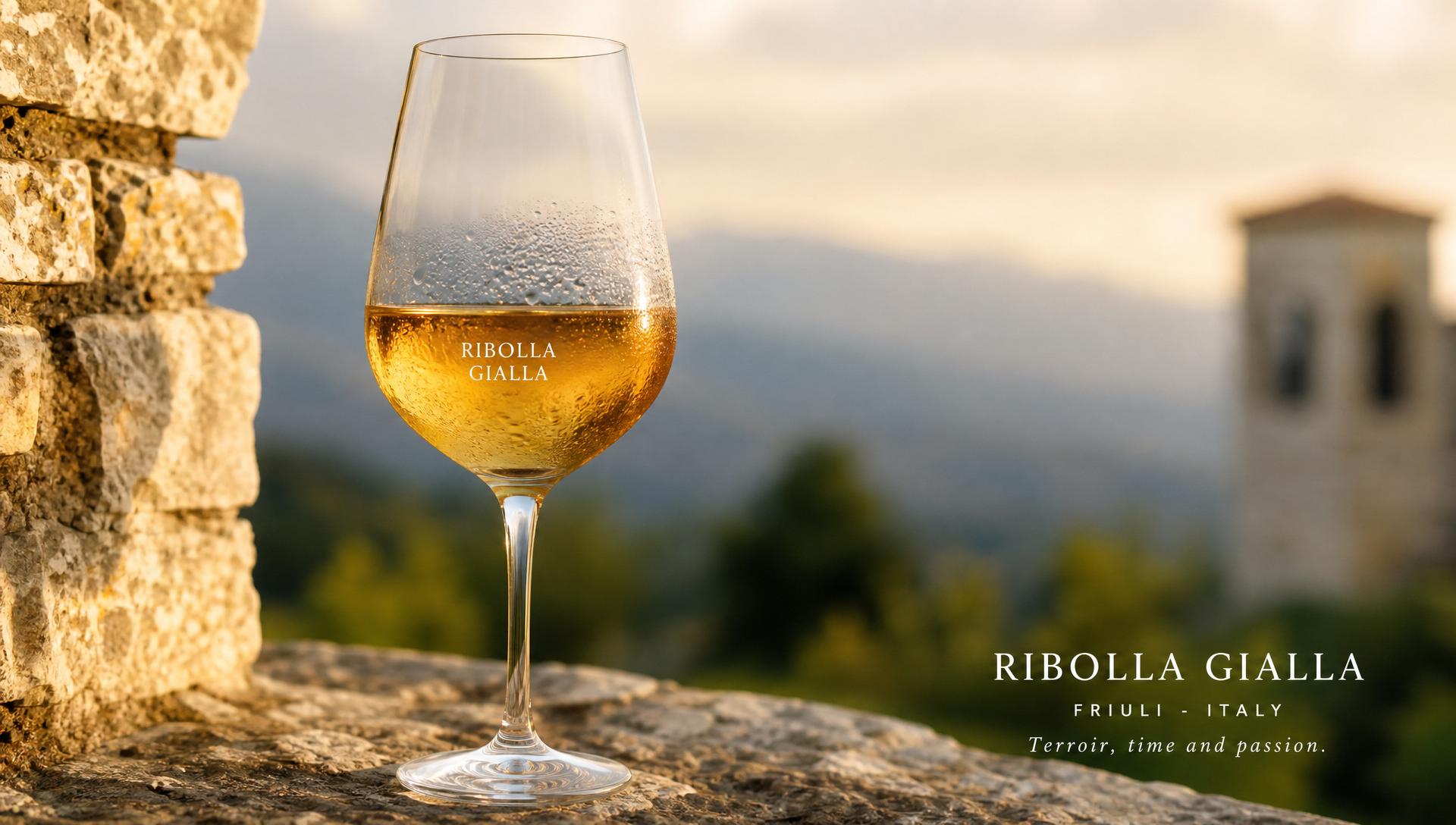Ett glas gyllene Ribolla Gialla mot en stenvägg i Friuli
