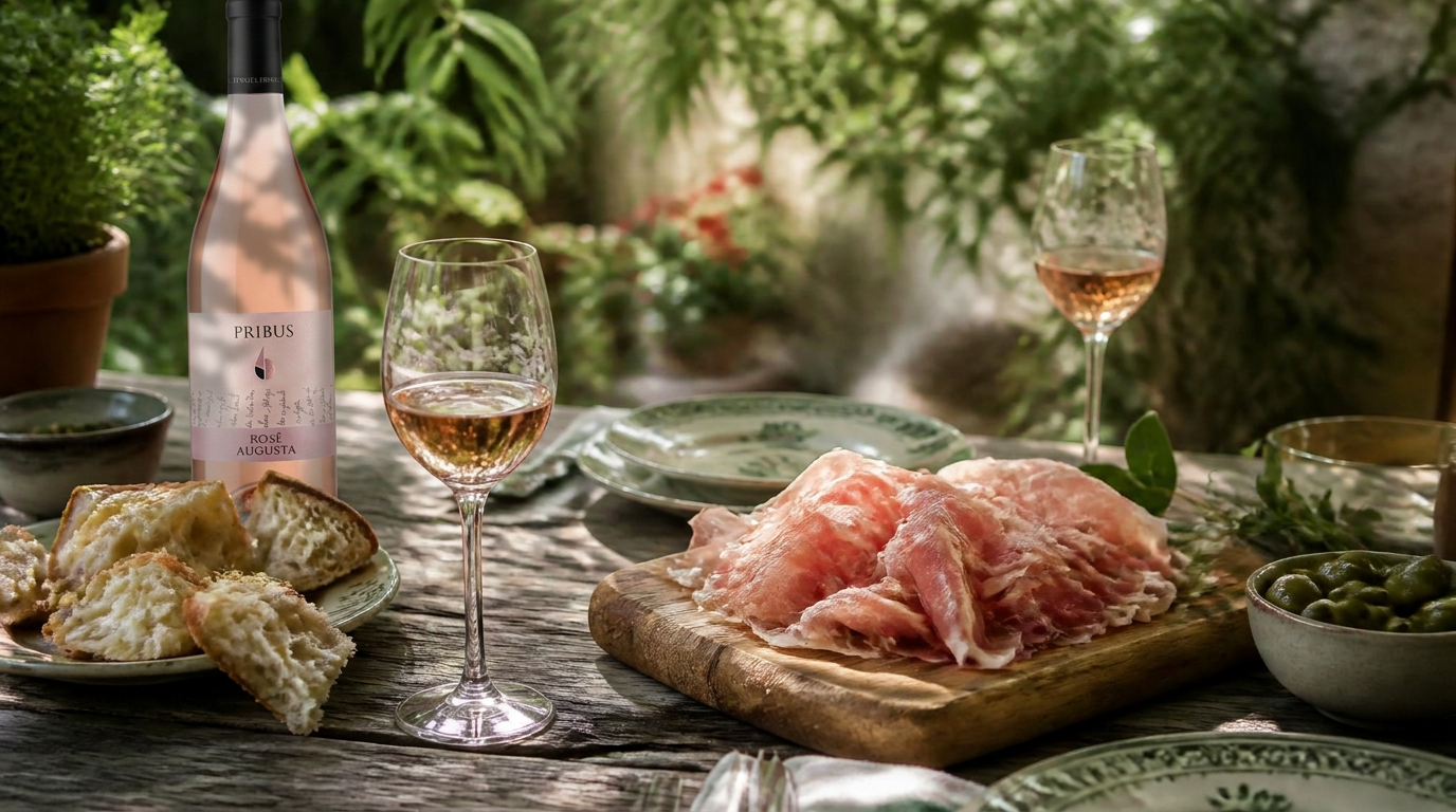 Dukat trädgårdsbord med rosé, San Daniele-prosciutto, bröd och oliver