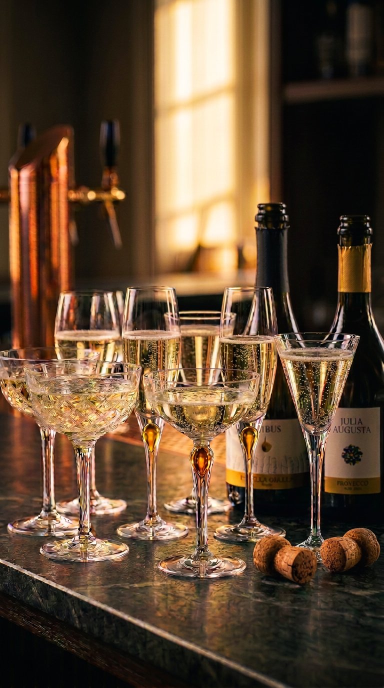 Många glas Ribolla Gialla Sparkling och Julia Augusta Prosecco serverade i Kosta Boda Château-coupe, Orrefors Nobel martini-champagneglas och Orrefors Intermezzo coupe med blå kristalldroppe.