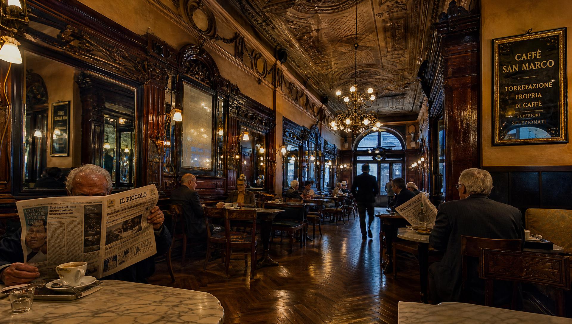 Interiör från ett historiskt kafé i Trieste med marmorbord, speglar och läsande gäster